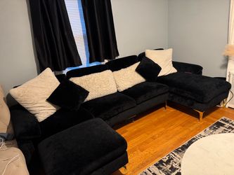 Black Velvet Sectional Sofa with Gold legs
