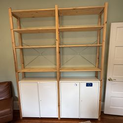 wood shelf metal cabinets