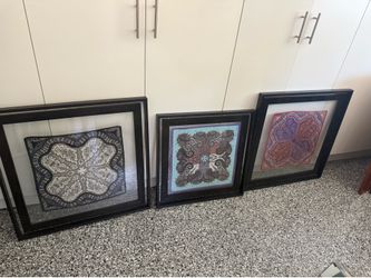 Set of three authentic ETRO silk scarves professionally framed.