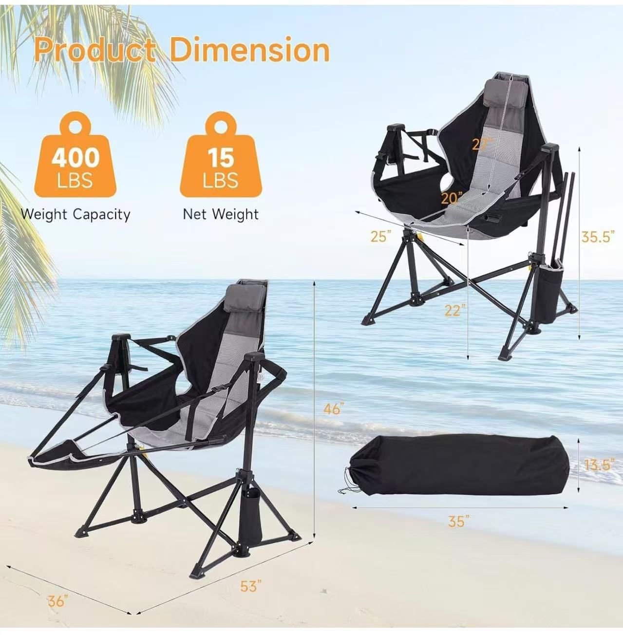 🥨Portable Camping Chair, Outdoor Folding Camping Chairs Adjustable Back Swing Chairs Outdoor Hammock Chair with Removable Footrest, Headrest, Cup Hol