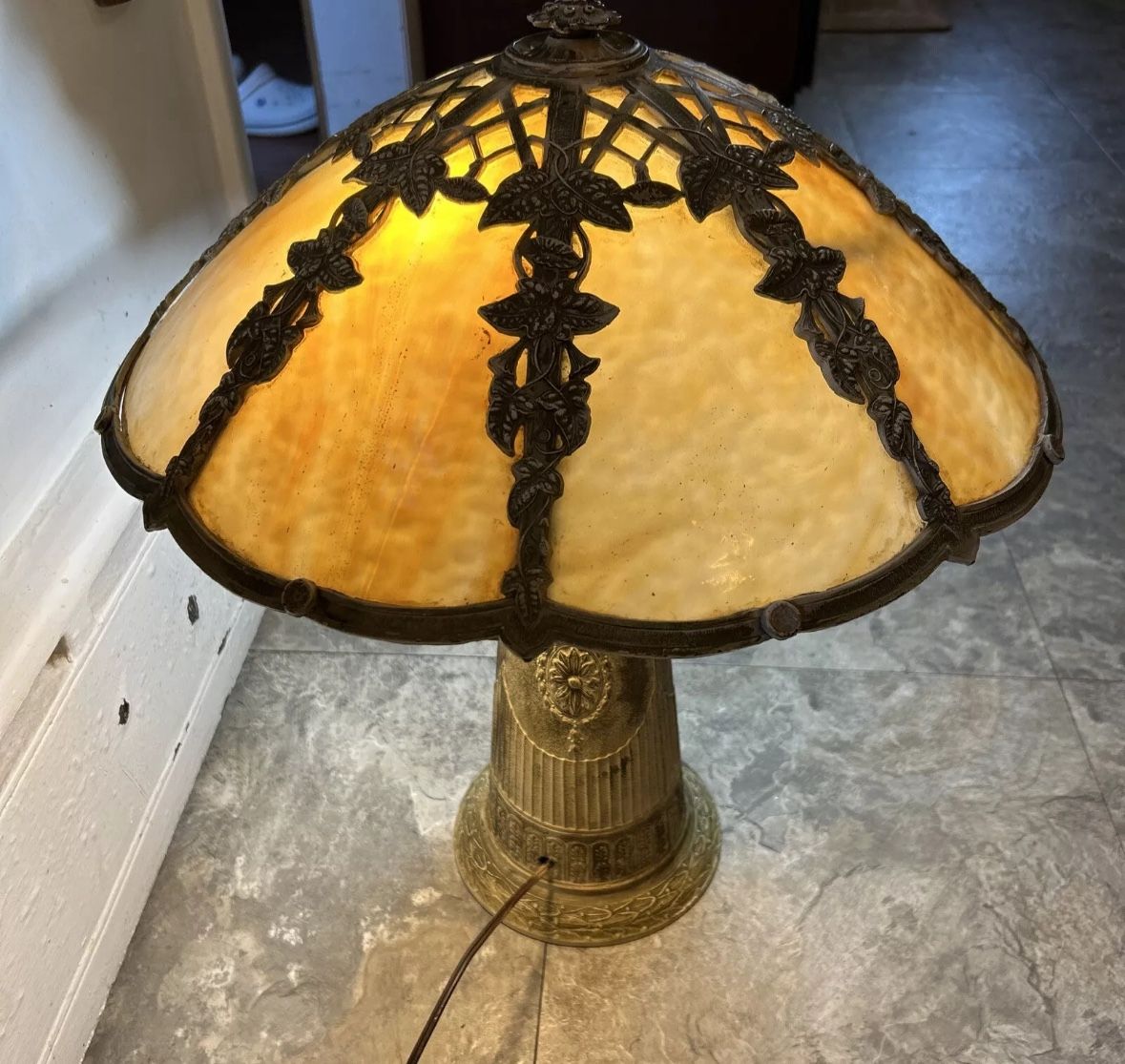 Monumental Antique Art Nouveau Neoclassical Cast Iron Slag Glass Table Lamp 25"