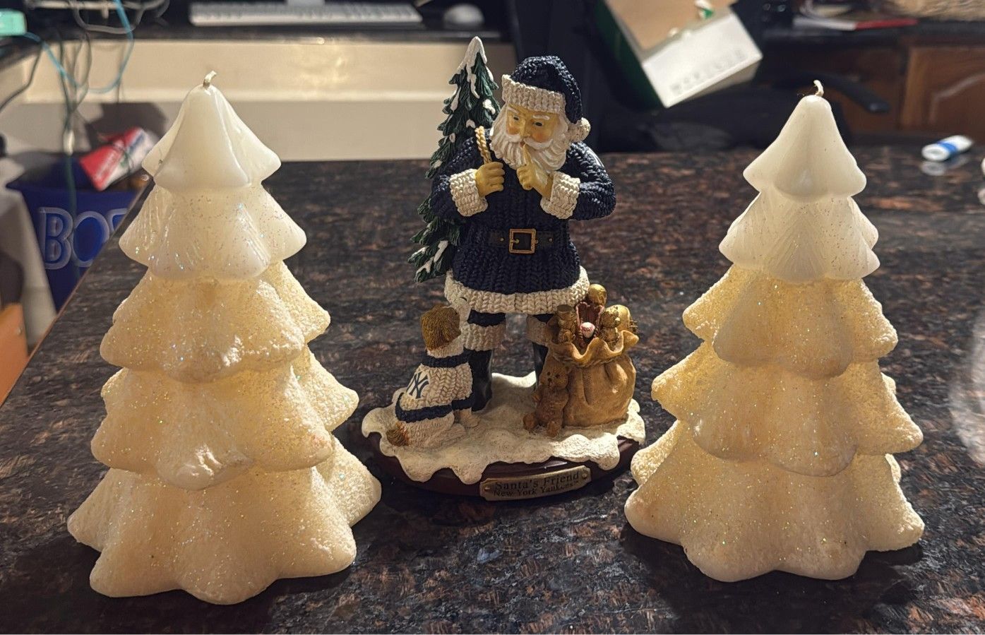 Santa Claus Figurine Set with Yankees Dog and Sparkling Christmas Tree Candles
