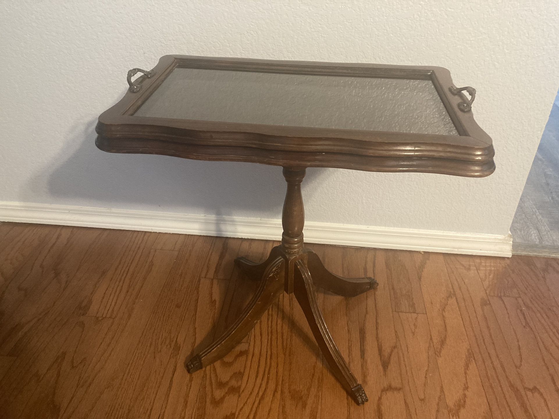 Antique Wood End Display Table With Removable Glass Tray