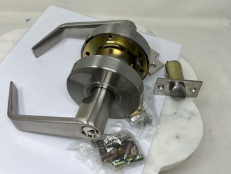 New Modern Satin Nickel Door Handle Lock Set w/ Hardware & Keys