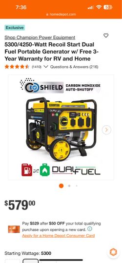Immaculate condition Never used before Champion Power Equipment 5300/4250-Watt Recoil Start Dual Fuel Portable Generator w/ Free 3-Year Warranty for R
