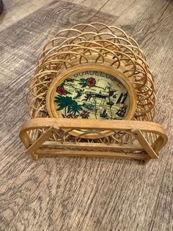 Vintage Bamboo & Guadeloupe Coasters Set of 4 in Handled Basket Caddy