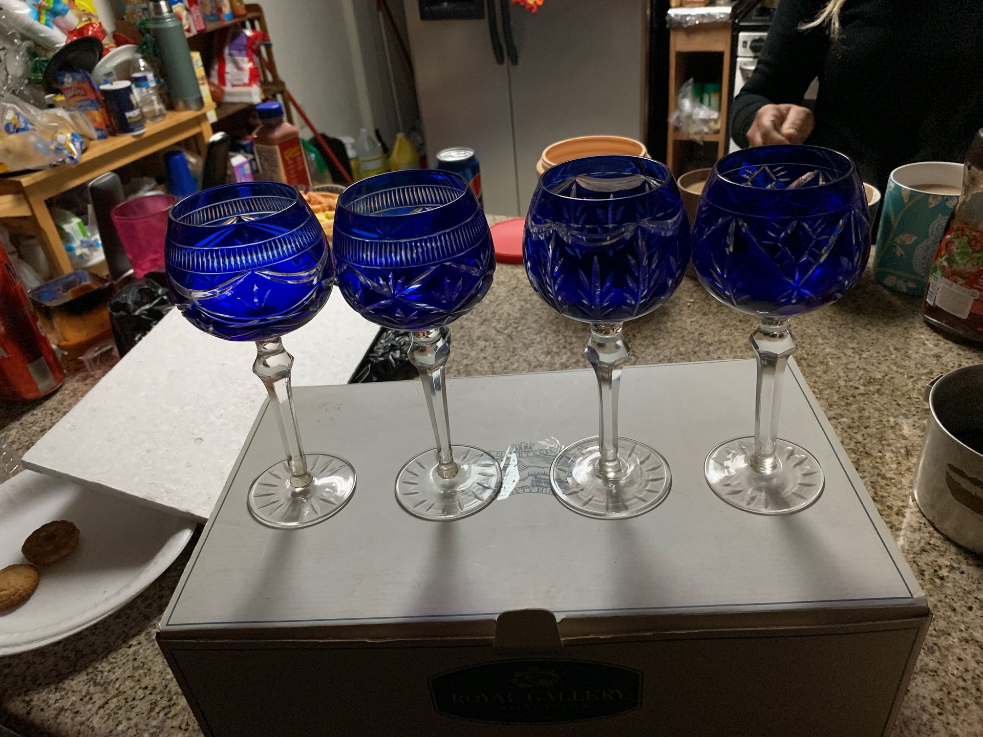Royal gallery collection blue cased hock wine glasses.