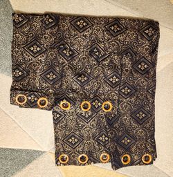 Two Blue  and Gold Damask Grommet Curtain Panels