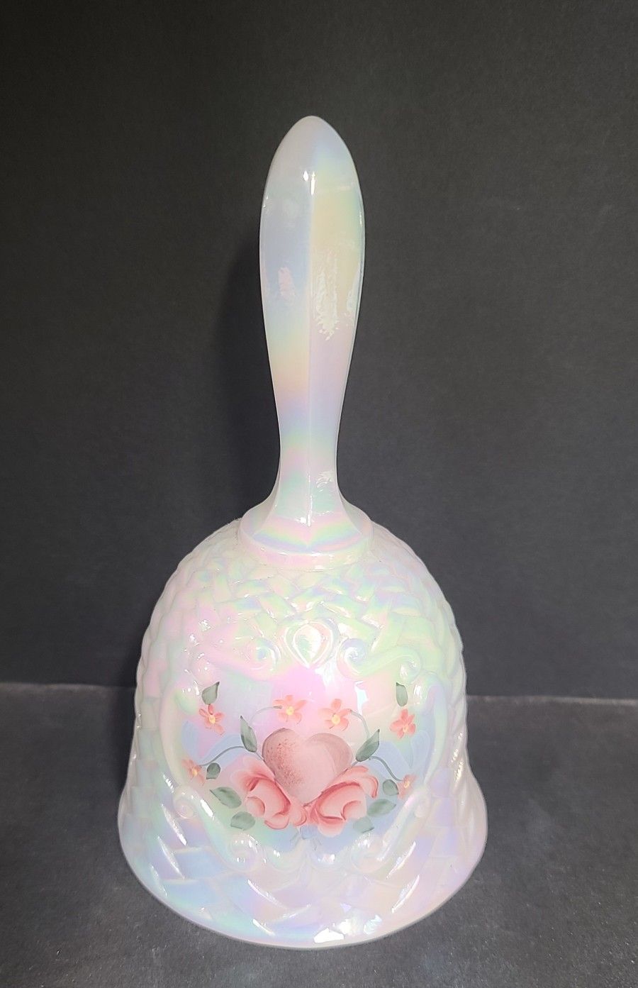 Beautiful Vintage Fenton Irradesant Painted Flowers On Glass Bell, Signed 