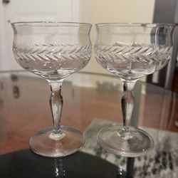 Vintage Crystal Champagne Coupes (Pair of 2) Leaf/Laurel pattern Mid Century