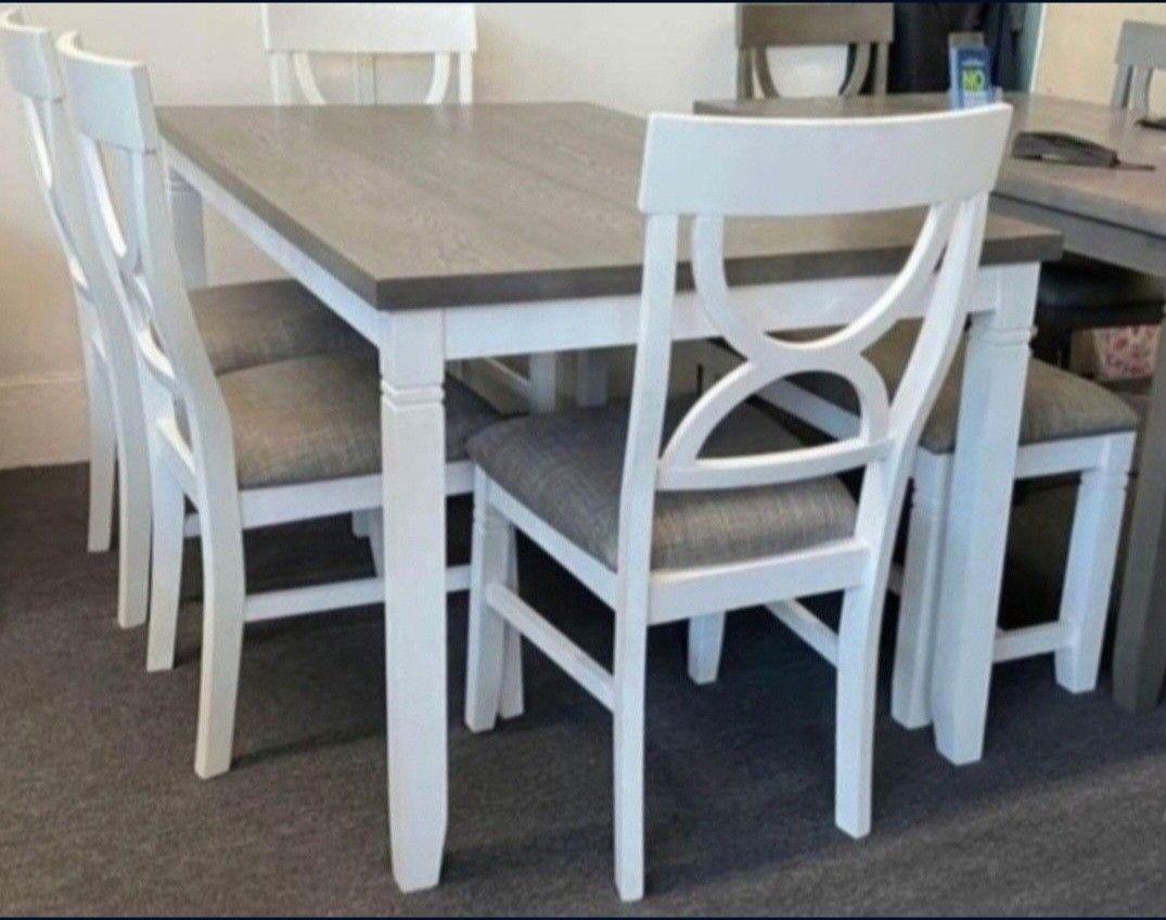✅️✅️(6 pc white & grey finish wood dining table set grey padded seat chairs and bench✅️✅️✅️
