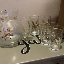 Vintage Gold Wheat Pattern Large hand Blown Pitcher Glass and 7 glasses @rare@