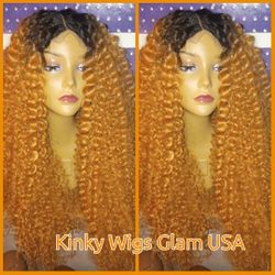 30" #27 Honey Blonde 1b Ombre 2x6 Hd Middle Part Boho kinky Curly  Hair Blend Wig 