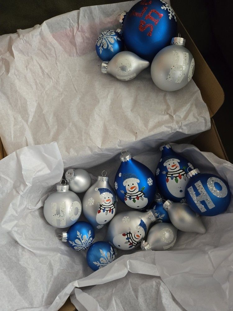 16 Silver And Blue Glass Ornaments 