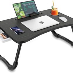 Zapuno Foldable Laptop Bed Table Multi-Function Lap Serving Tray Dining Table with Storage Drawer and Water Bottle Holder, Slot for Eating, Working on