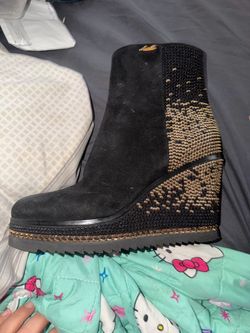 Black Suede Wedge Boot with Gold Studded Detail