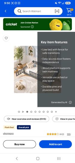 UHOMEPRO Twin Size Floor Bed with Slats and Safety Guardrail, Twin Size Montessori Floor Bed with Fence and Door, Easy Assemble Montessori Beds for Ki