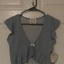 Brand New Slate Blue Dot Ribbed Top Size L Juniors 