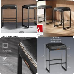 Bar Stools Set of 4. Counter Height Bar Stools, Synthetic Leather with Stitching, Mid-Century Modern Counter Stools, 26-Inch Tall, Kichen 