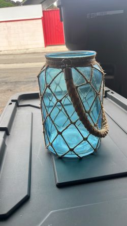 Blue Glass Jar Lantern with Rope Net