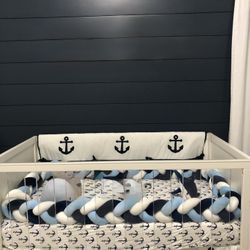 Lion Paw Crib Braided Bed Bumper Pillow Blue And White