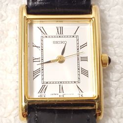 Vintage Seiko Women Tank Gold Tone Watch Leather Band Silver Dial Roman Numerals