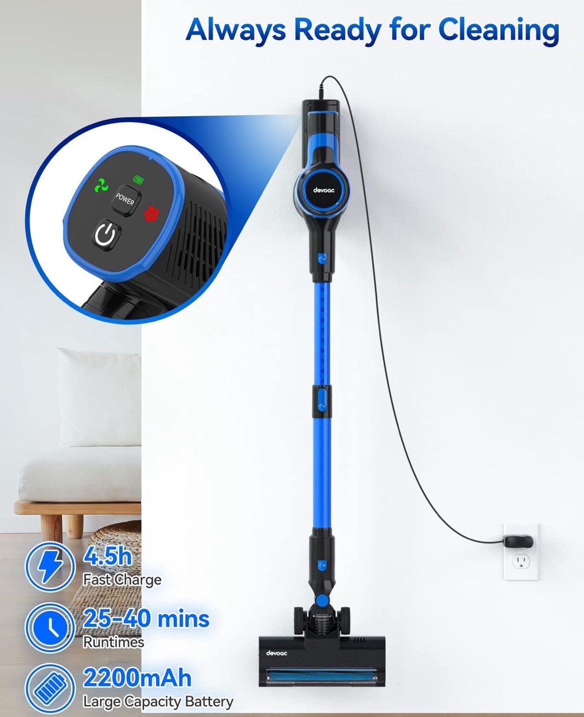 DEVOAC N300 Cordless Stick Vacuum Cleaner - 6-in-1, 40 Min Runtime, 2200mAh, Lightweight For Pet Hair & Hard Floors - View #5