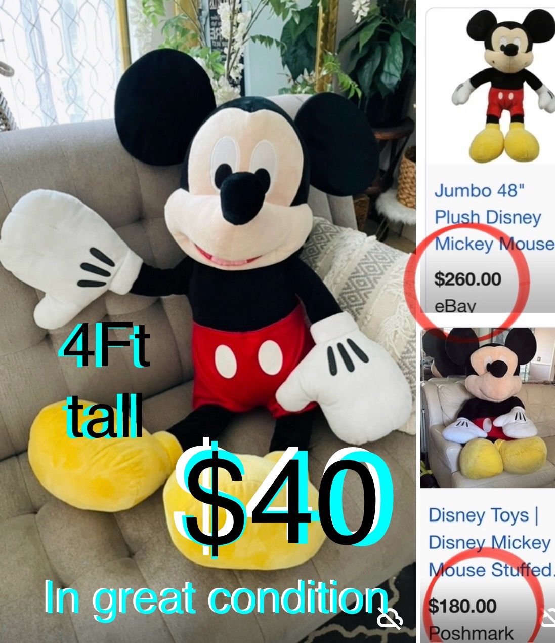 $40 Disney Giant/Jumbo 4 Feet Mickey Mouse in great condition original Disney merchandise