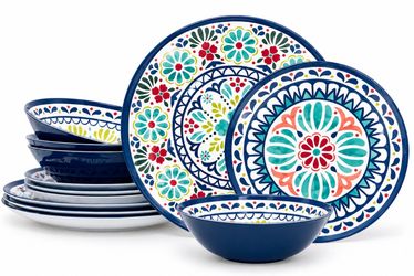Zak Designs Medallion 12-Piece Melamine Dinnerware Set – Cool – Service for 4