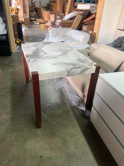 46" Faux Marble Style Table with Solid Rubberwood Legs, Off White
