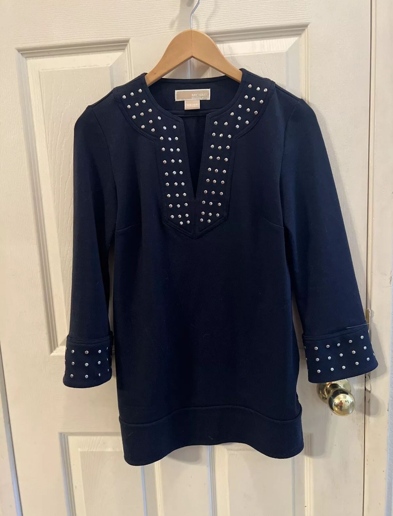 Michael Kors Womens Navy Studded Pockets V-neck Tunic Dress Size XS