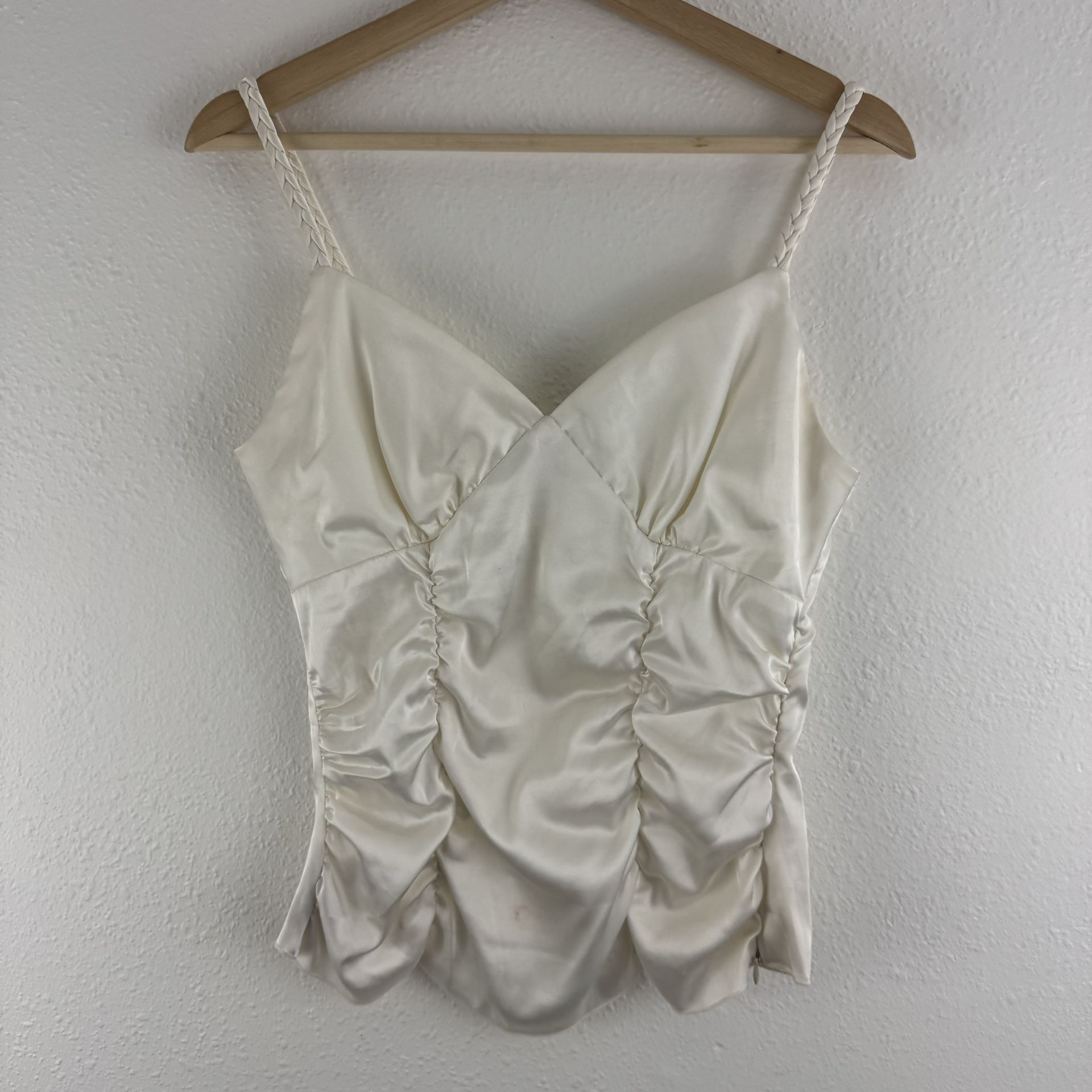 I.N. Vintage 90s Ivory White Satin Ruched V Neck Braided Strap Corset Tank Top