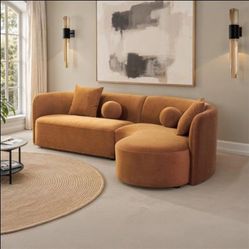 Brand New Caramel Brown Chenille Sectional Sofa With Rounded Chaise