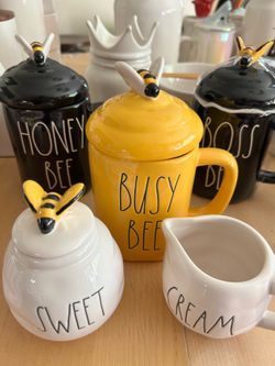Rae Dunn Bee mugs and toppers with Bee creamer and sugar