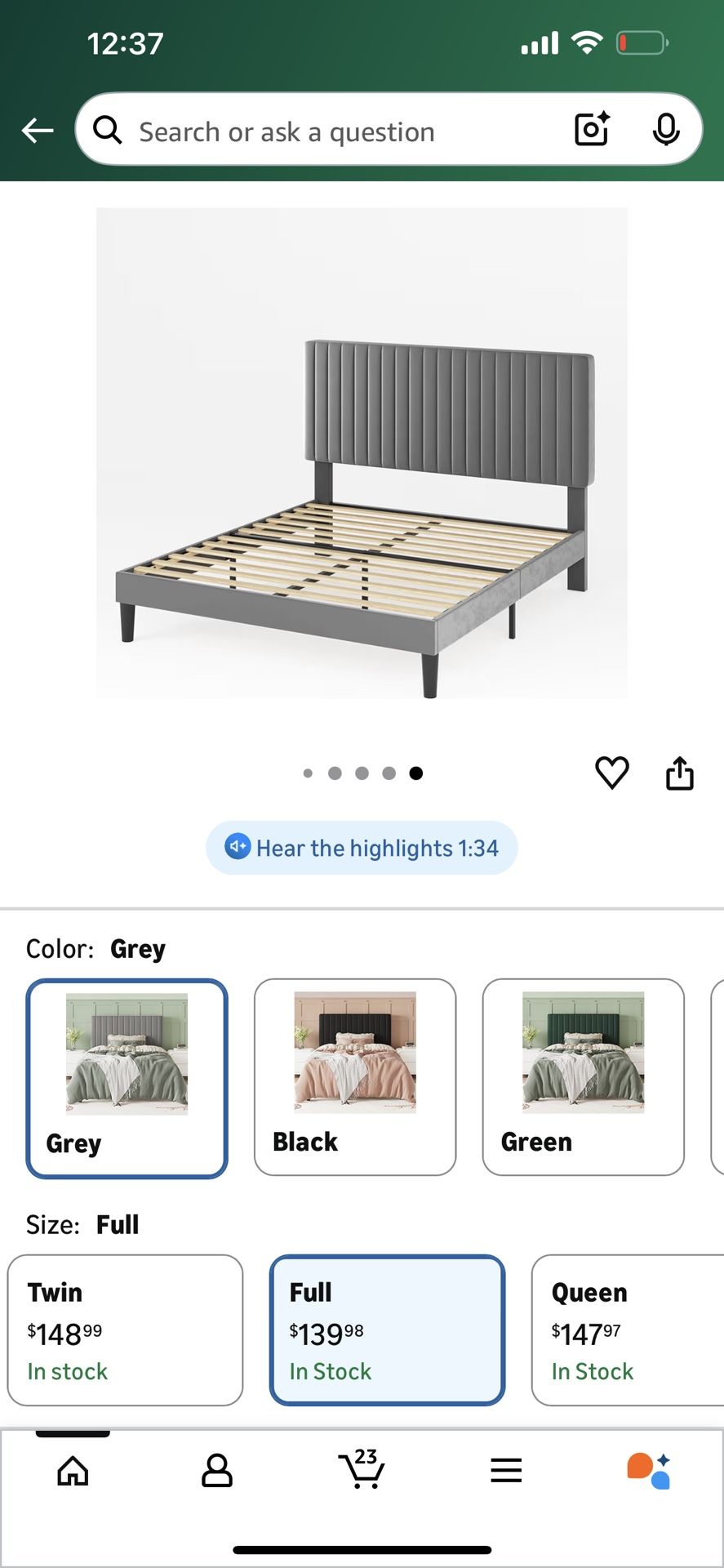 VELVET GREY FULL BED FRAME