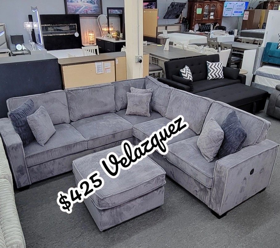 ✅️✅️4 pc dark grey corduroy fabric upholstered sectional sofa with USB plugs and ottoman✅️