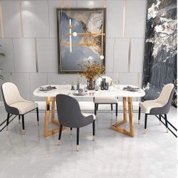 Dining Chairs PU Leather High Back Padded Soft Seat Chair Metal Legs Chairs Dining Chairs (Color:Beige)