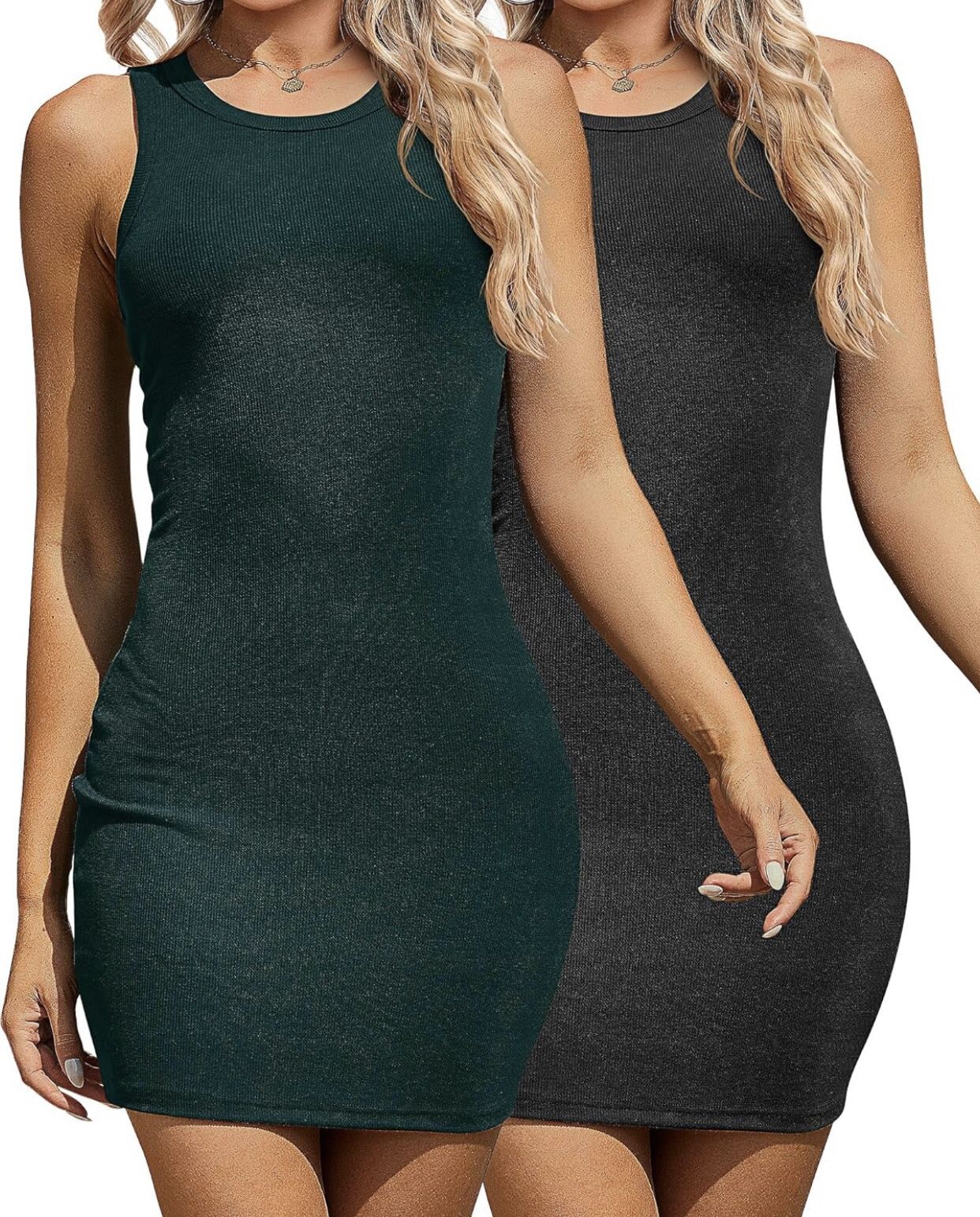 Women's Sleeveless Tank Dress, Ribbed Scoop Neck Ruched Stretchy Bodycon Slim Fit Mini Tank Dress