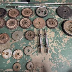 170 Lbs. Of Vintage Iron Weight Plates + Barbell & Dumbbell Handles (Standard 1”)