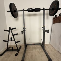 Adjustable Squat Rack, 6ft Barbell, 50lb Weights And Plate Rack