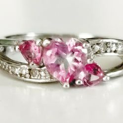 Sterling Silver Pink Topaz And Diamond Heart Ring Size 4 (Lowered Price)
