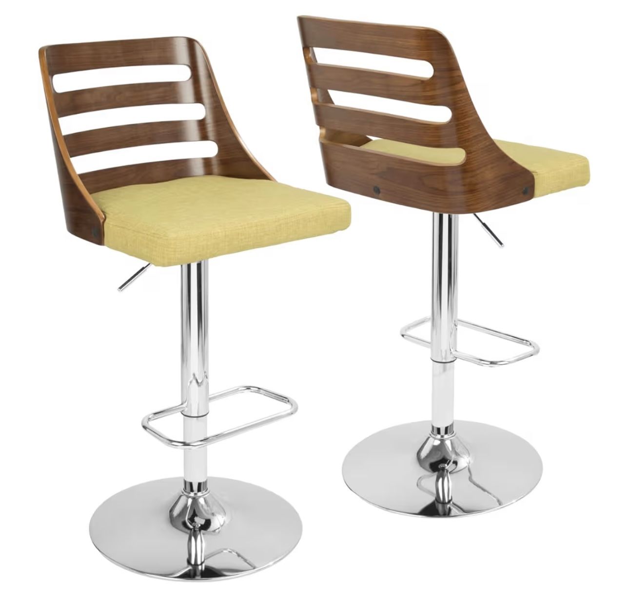 LumiSource Trevi Adjustable Bar Stool, Chrome Bar Stools, Bar Chairs, Swivel Bar Stools, Bar Stools Set of 3 Green Fabric Walnut Wood and Chrome Finis