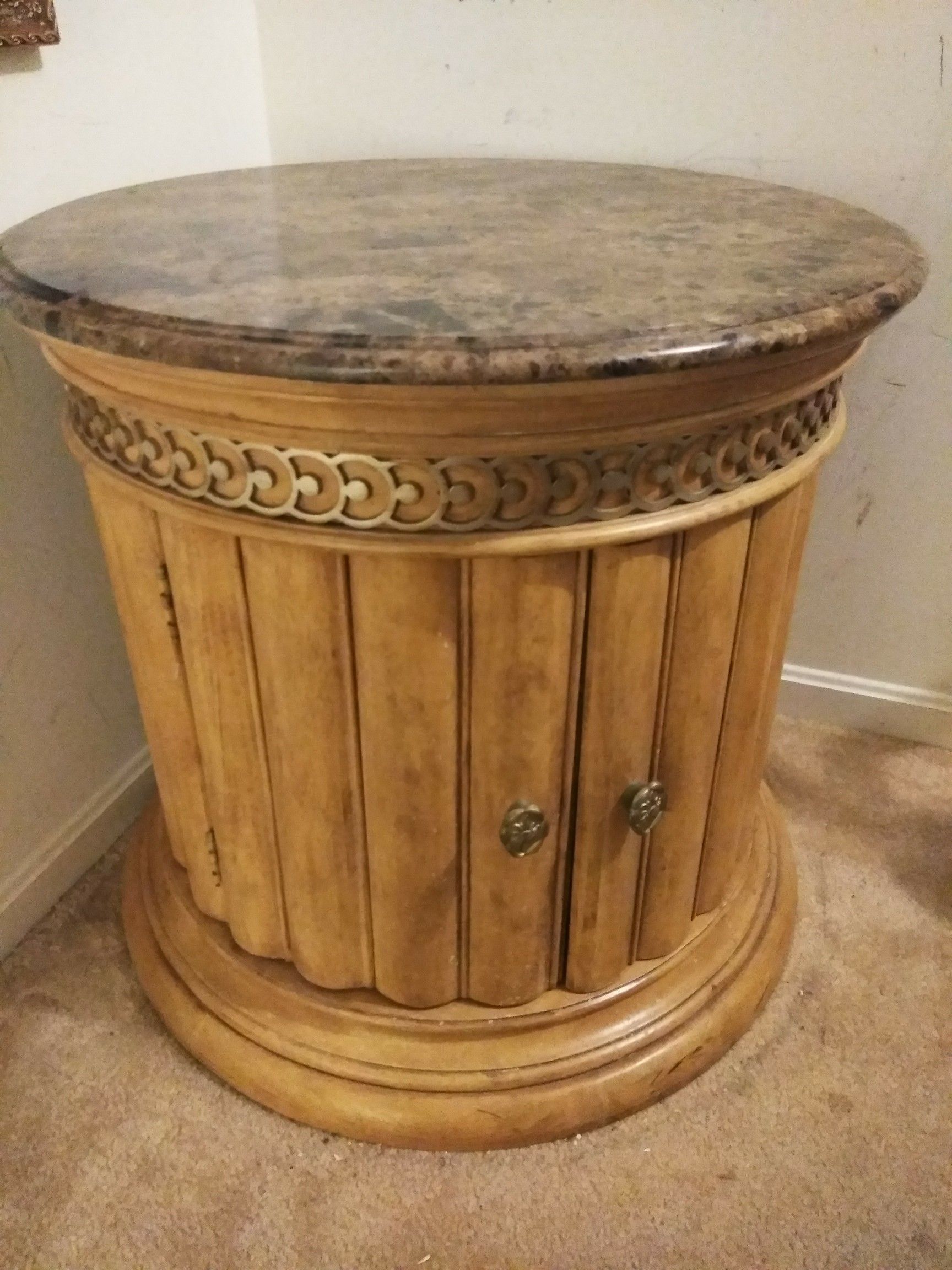 wooden side table with brown marble top