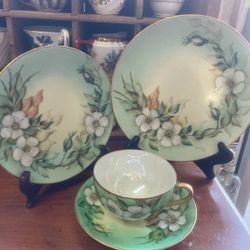 Antique Floral Flower Hand painted Dessert Set Two Plate Cup And Saucer Set 