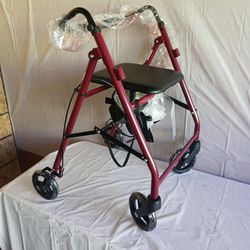 Brand New Medline Folding Rollator Walker burgundy Padded Seat Under Bag
