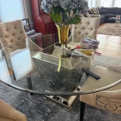 Macys 60 inch marais mirrored glass table with 4 upholstered chairs 