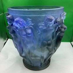 XXL Crystal Bacchantes Lalique Style Vase Weight 11lb H10” Blue Ombere Signed France 