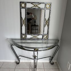Elegant Glass & Metal Entryway Console Table with Matching Mirror