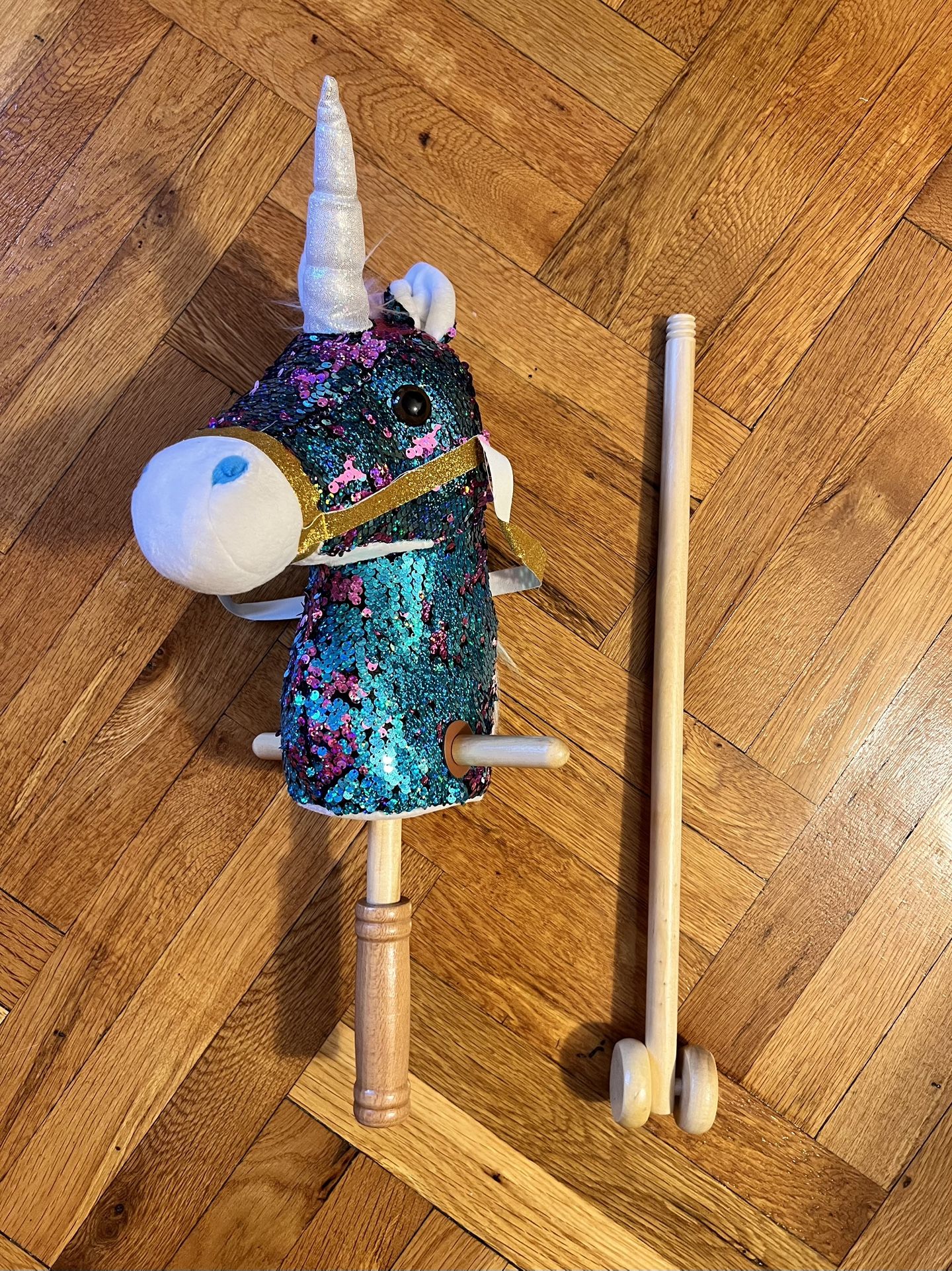 Sequin Plush Unicorn Stick Horse Wood Wheels + Galloping Sounds 36 Inches