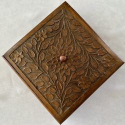 Vintage Square Wooden 9 x 9 inches Lided Box with intricate Hand-Carved floral, vine, or arabesque motifs